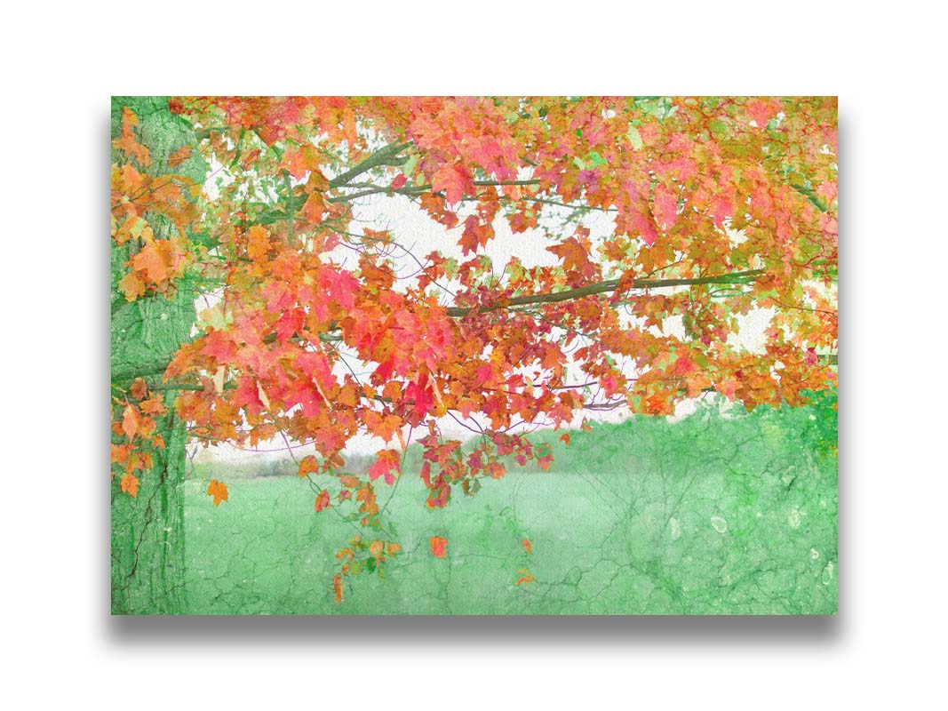 A photo of a tree's red leaves. The rest of the image has been edited green. Printed on canvas.