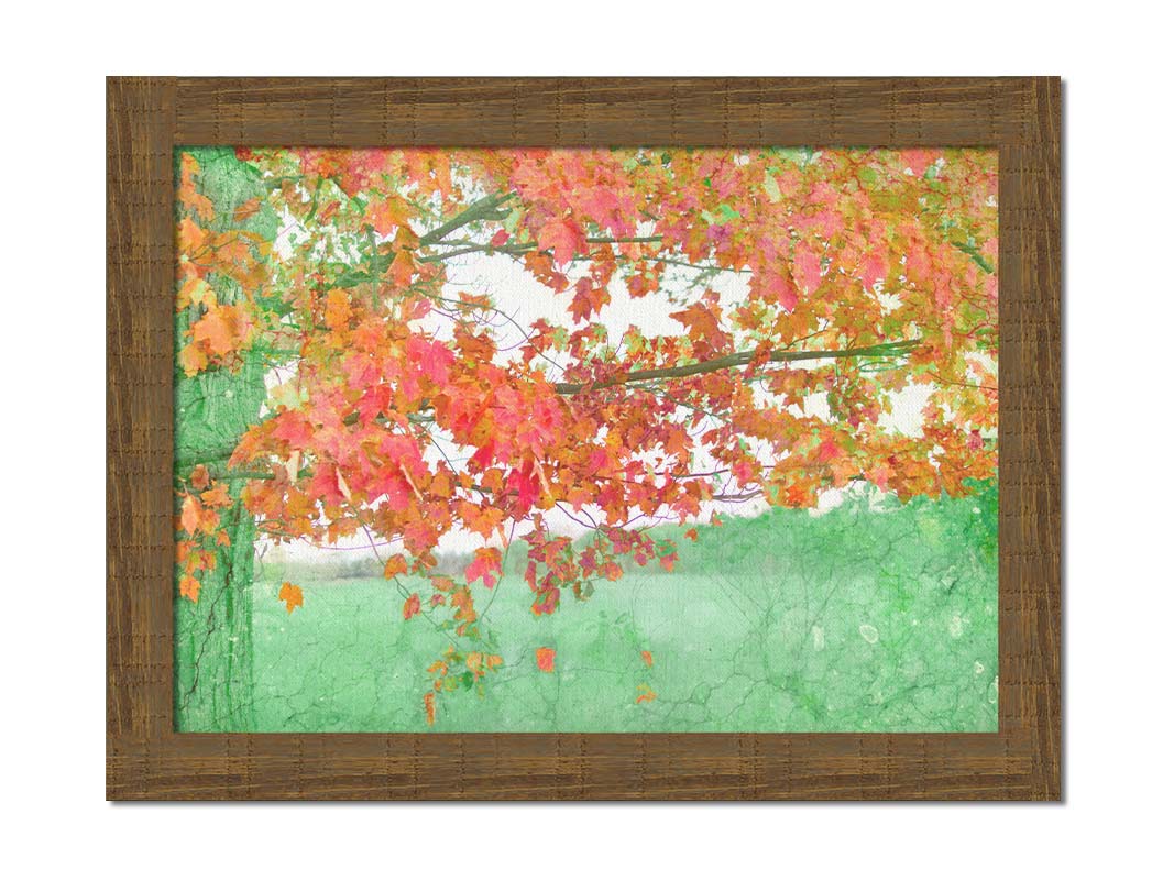 A photo of a tree's red leaves. The rest of the image has been edited green. Printed on canvas and framed.