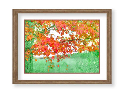 A photo of a tree's red leaves. The rest of the image has been edited green. Printed on paper, matted, and framed.