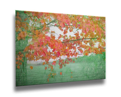 A photo of a tree's red leaves. The rest of the image has been edited green. Printed on metal.