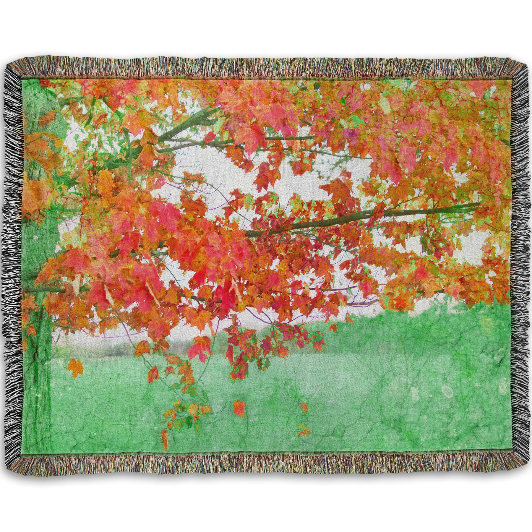 A woven throw blanket designed with a photo of a tree's red leaves. The rest of the image has been edited green.