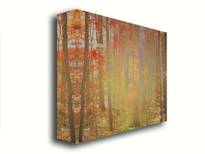 A photo of a forest with red leaves, edited with a color inverion radiating from the center. Printed on canvas.