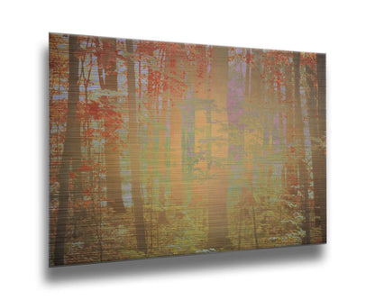 A photo of a forest with red leaves, edited with a color inverion radiating from the center. Printed on metal.