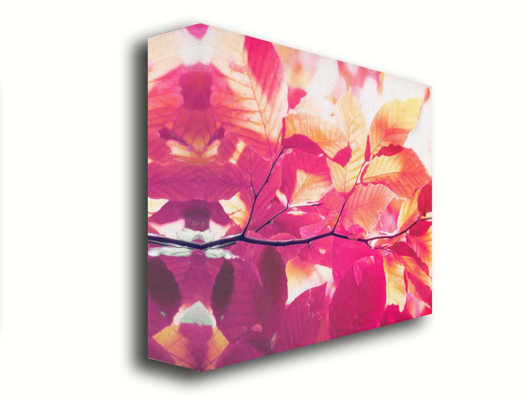 A photo of a branch of leaves in yellow, orange, red, and purple. Edited to have a smooth painterly quality. Printed on canvas.A photo of a branch of leaves in yellow, orange, red, and purple. Edited to have a smooth painterly quality. Printed on canvas.