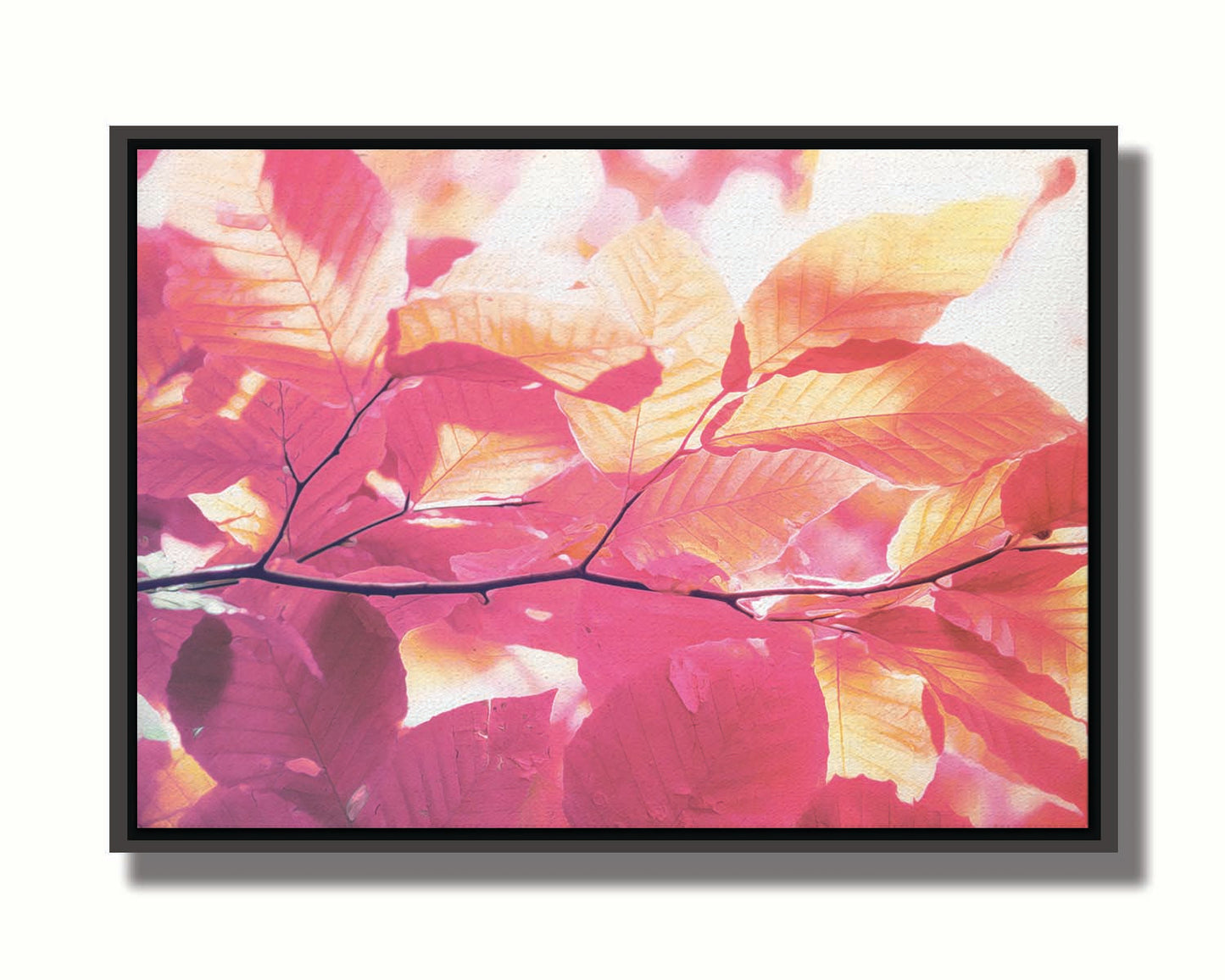 A photo of a branch of leaves in yellow, orange, red, and purple. Edited to have a smooth painterly quality. Printed on canvas.A photo of a branch of leaves in yellow, orange, red, and purple. Edited to have a smooth painterly quality. Printed on canvas in a float frame.