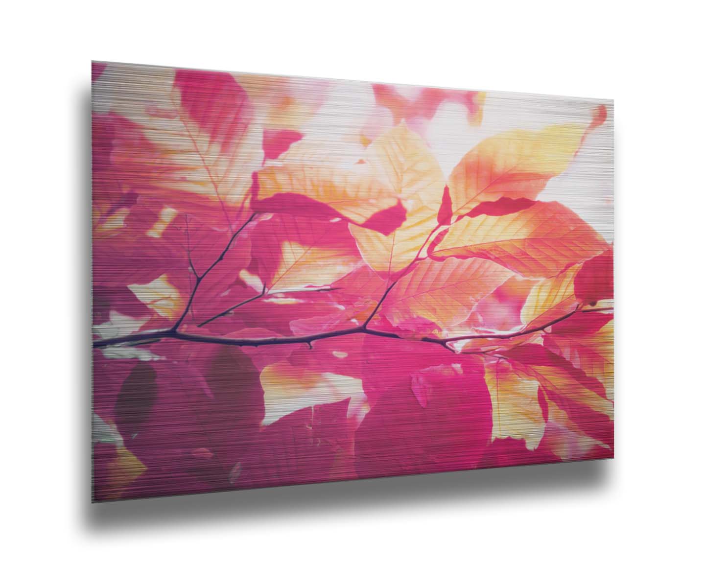 A photo of a branch of leaves in yellow, orange, red, and purple. Edited to have a smooth painterly quality. Printed on canvas.A photo of a branch of leaves in yellow, orange, red, and purple. Edited to have a smooth painterly quality. Printed on metal.