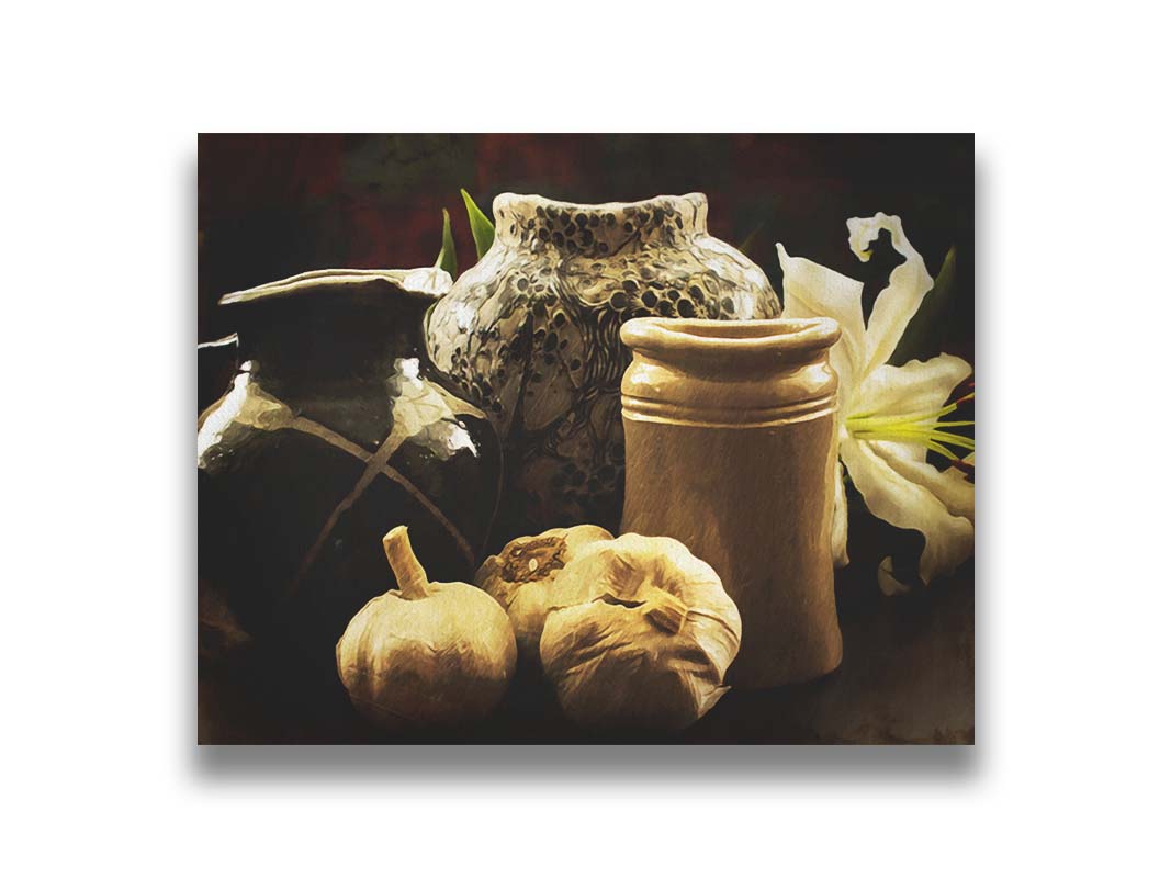 A photo of a still life arrangement of pottery and plants with a dark, warm palette. Printed on canvas.