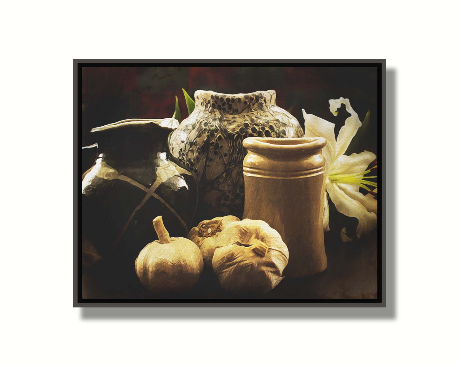 A photo of a still life arrangement of pottery and plants with a dark, warm palette. Printed on canvas in a float frame.