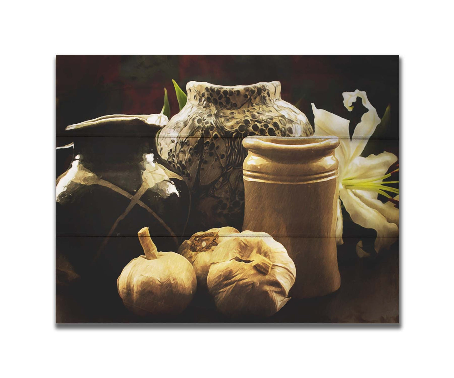 A photo of a still life arrangement of pottery and plants with a dark, warm palette. Printed on a box board.