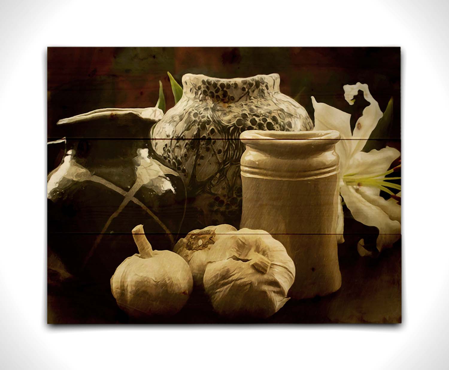 A photo of a still life arrangement of pottery and plants with a dark, warm palette. Printed on a wood pallet.