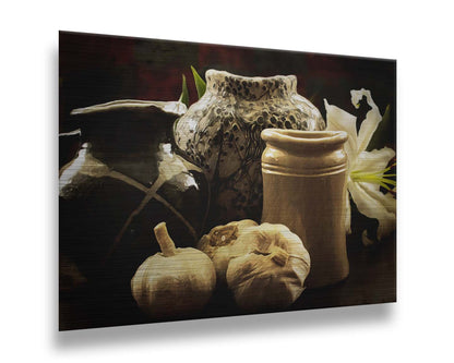 A photo of a still life arrangement of pottery and plants with a dark, warm palette. Printed on metal.