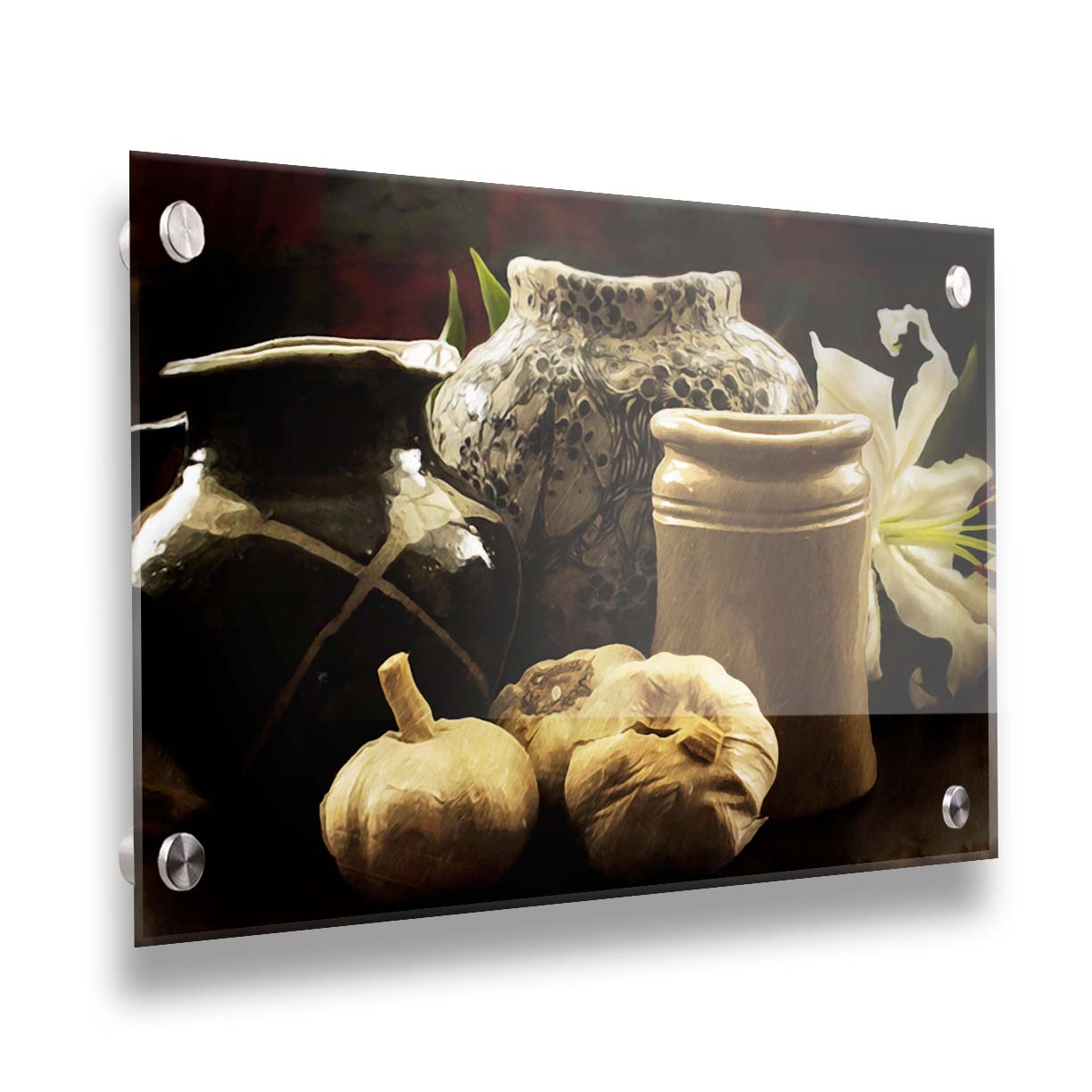 A photo of a still life arrangement of pottery and plants with a dark, warm palette. Printed on acrylic.