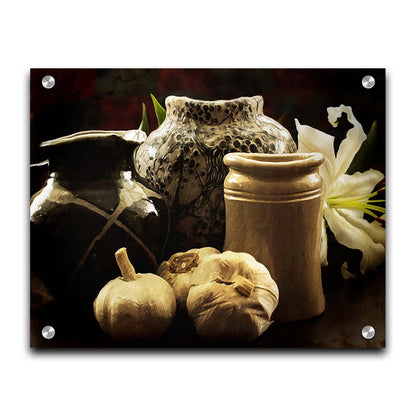 A photo of a still life arrangement of pottery and plants with a dark, warm palette. Printed on acrylic.