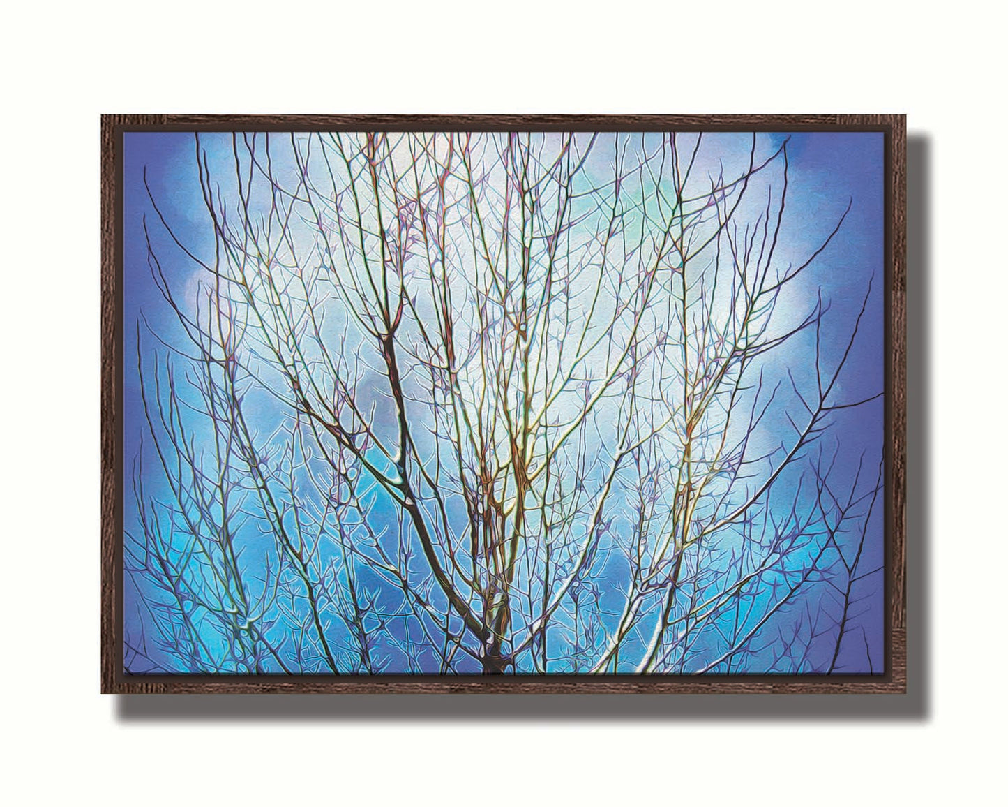 A photo looking up at a leafless tree against a bright blue sky, edited to have a painterly quality. Printed on canvas in a float frame.