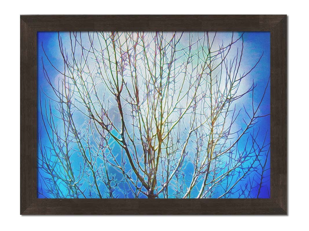 A photo looking up at a leafless tree against a bright blue sky, edited to have a painterly quality. Printed on canvas and framed.