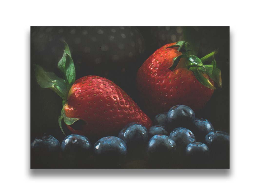 A photo of an assortment of blueberries and strawberries in a dark environment. Printed on canvas.