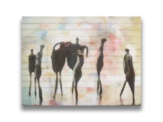 A photo of a line of expressive figure statues, in front of a horizontally lined background and overlayed with a watercolor-like texture in red, yellow, and blue. Printed on canvas.