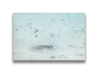 A photo edit of birds flying low over the stormy ocean, searching for a meal. Printed on canvas.