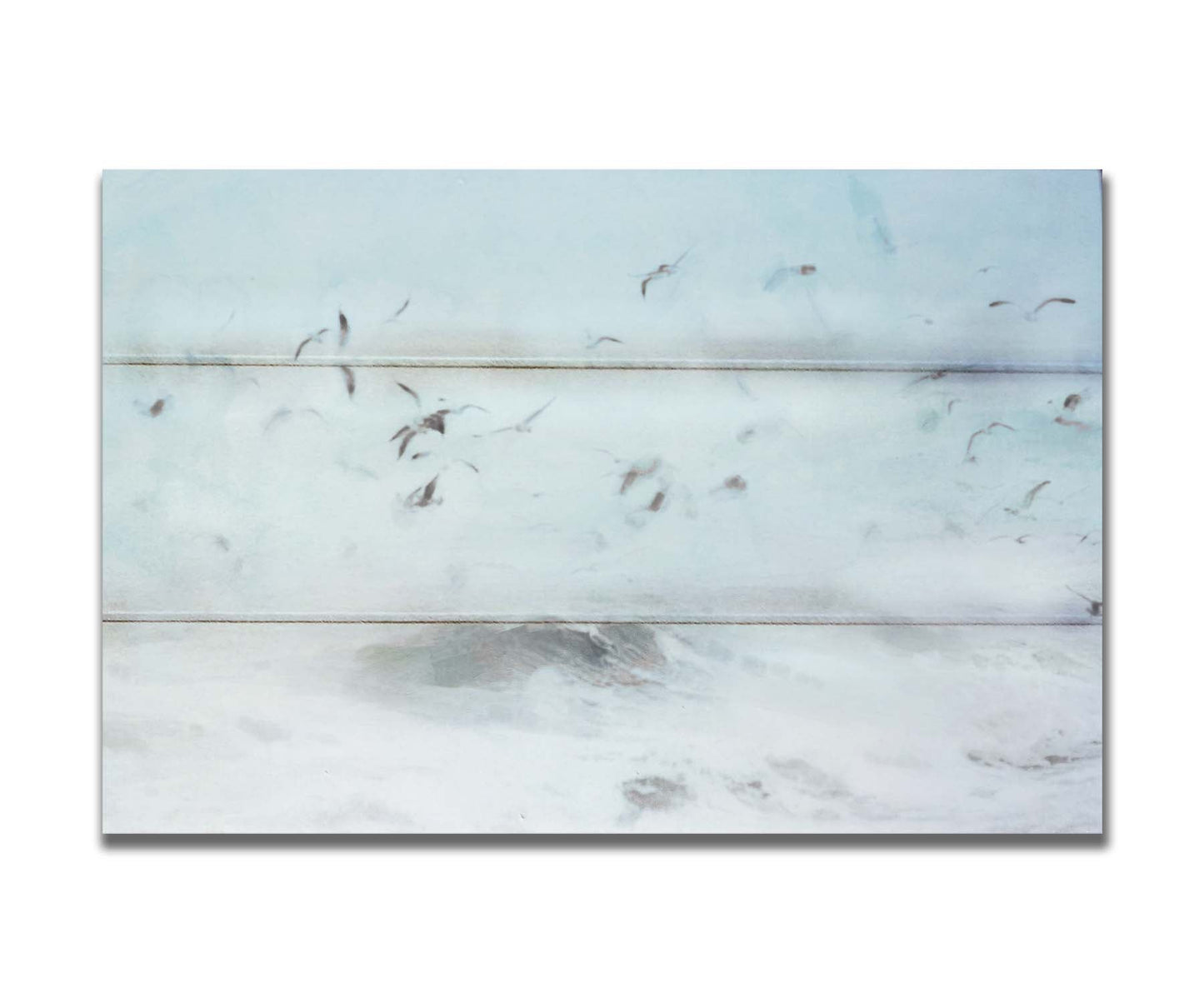 A photo edit of birds flying low over the stormy ocean, searching for a meal. Printed on a box board.