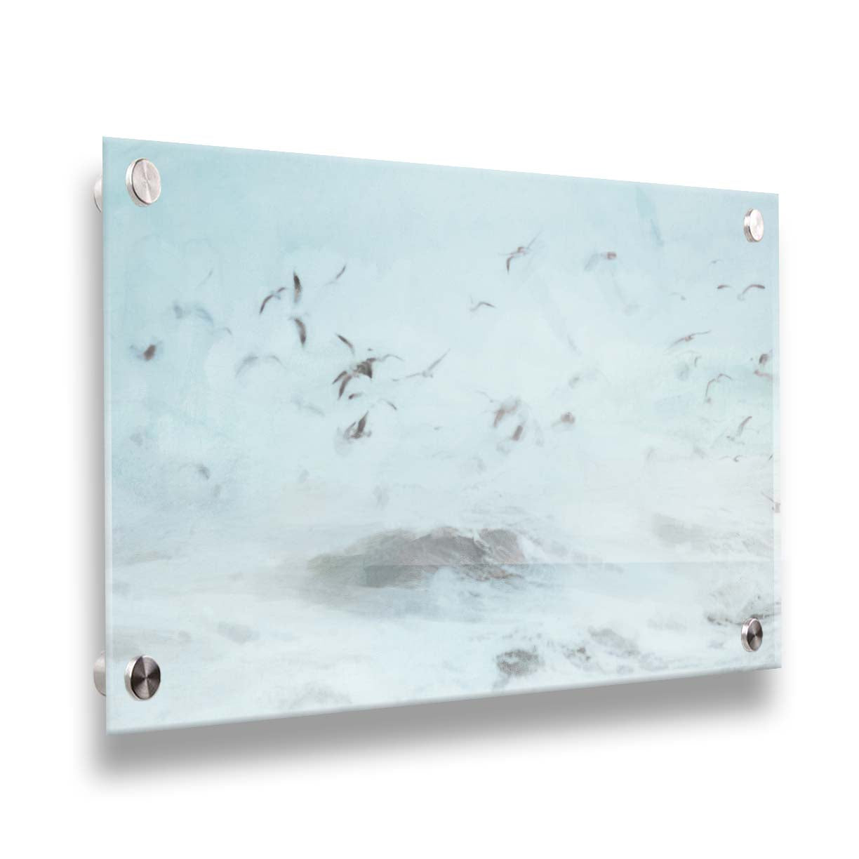 A photo edit of birds flying low over the stormy ocean, searching for a meal. Printed on acrylic.