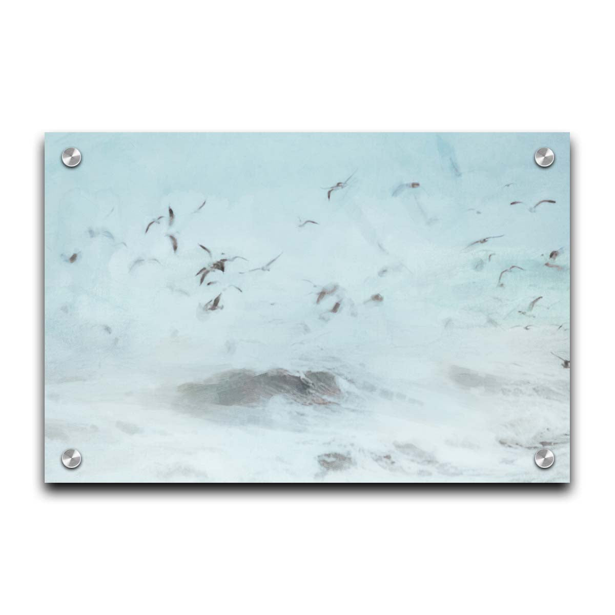 A photo edit of birds flying low over the stormy ocean, searching for a meal. Printed on acrylic.