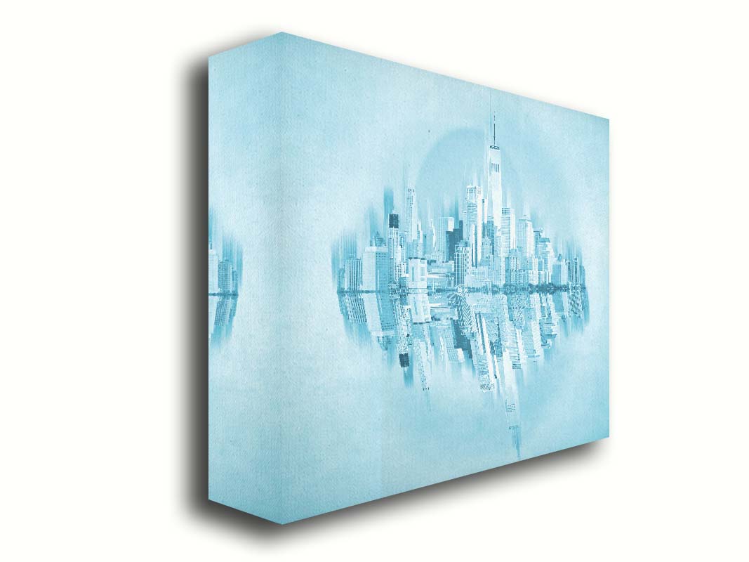 A fine art photo of the New York City skyline and its reflection, in a monochrome blue palette. Printed on canvas.