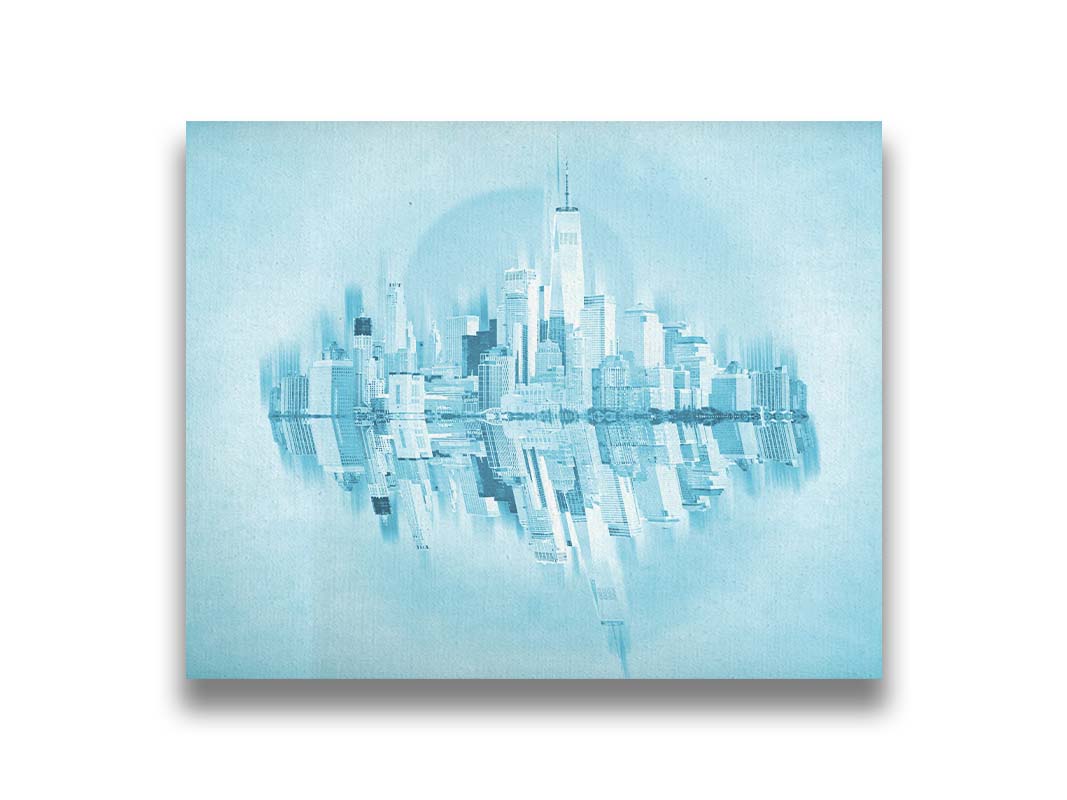 A fine art photo of the New York City skyline and its reflection, in a monochrome blue palette. Printed on canvas.