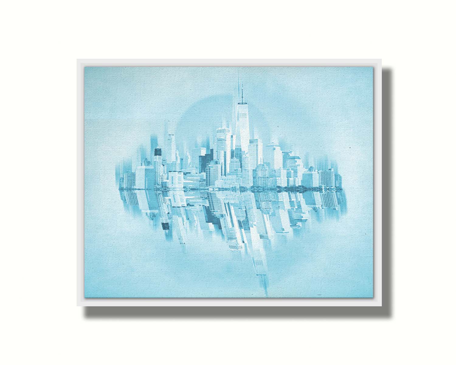 A fine art photo of the New York City skyline and its reflection, in a monochrome blue palette. Printed on canvas in a float frame.