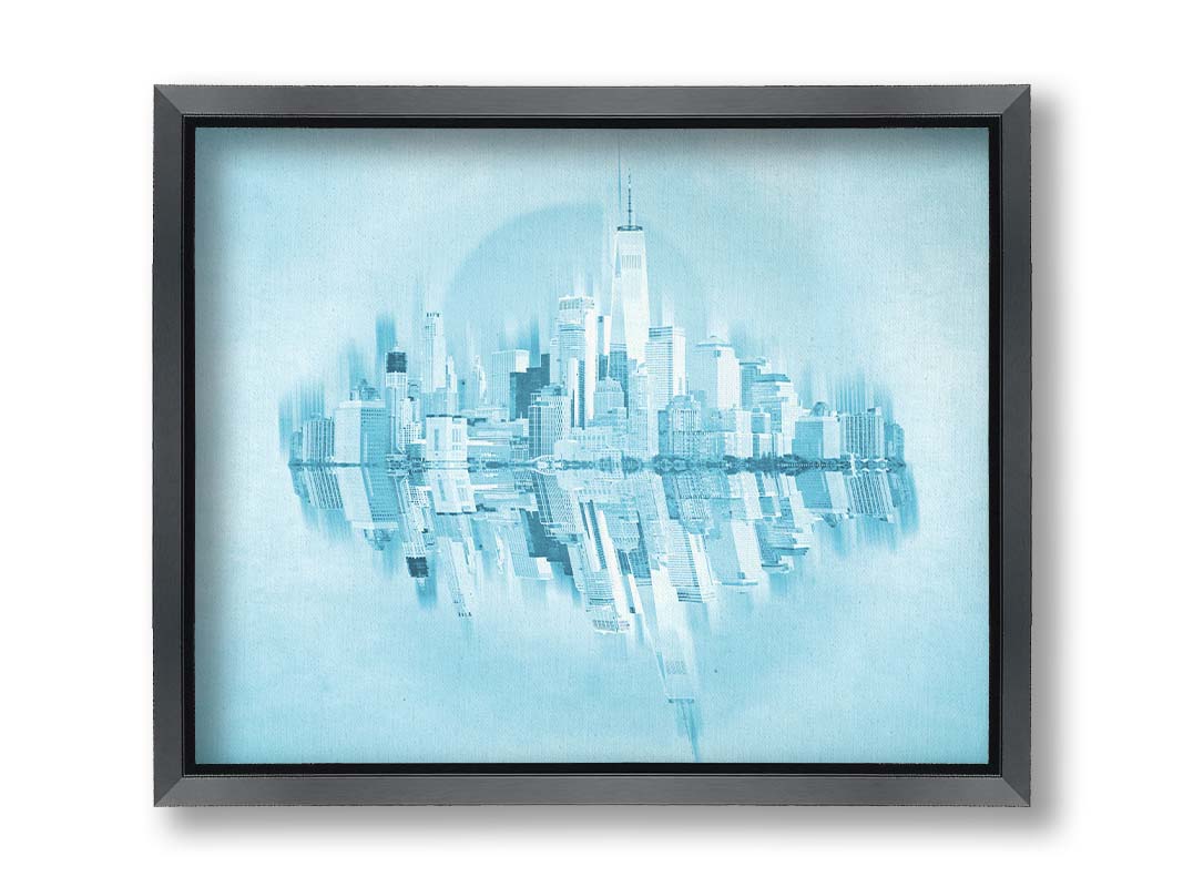 A fine art photo of the New York City skyline and its reflection, in a monochrome blue palette. Printed on canvas and framed.