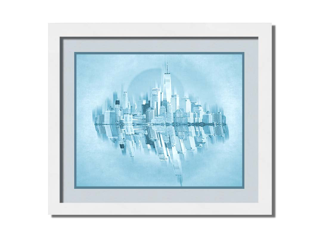 A fine art photo of the New York City skyline and its reflection, in a monochrome blue palette. Printed on paper, matted, and framed.