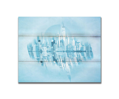 A fine art photo of the New York City skyline and its reflection, in a monochrome blue palette. Printed on a box board.