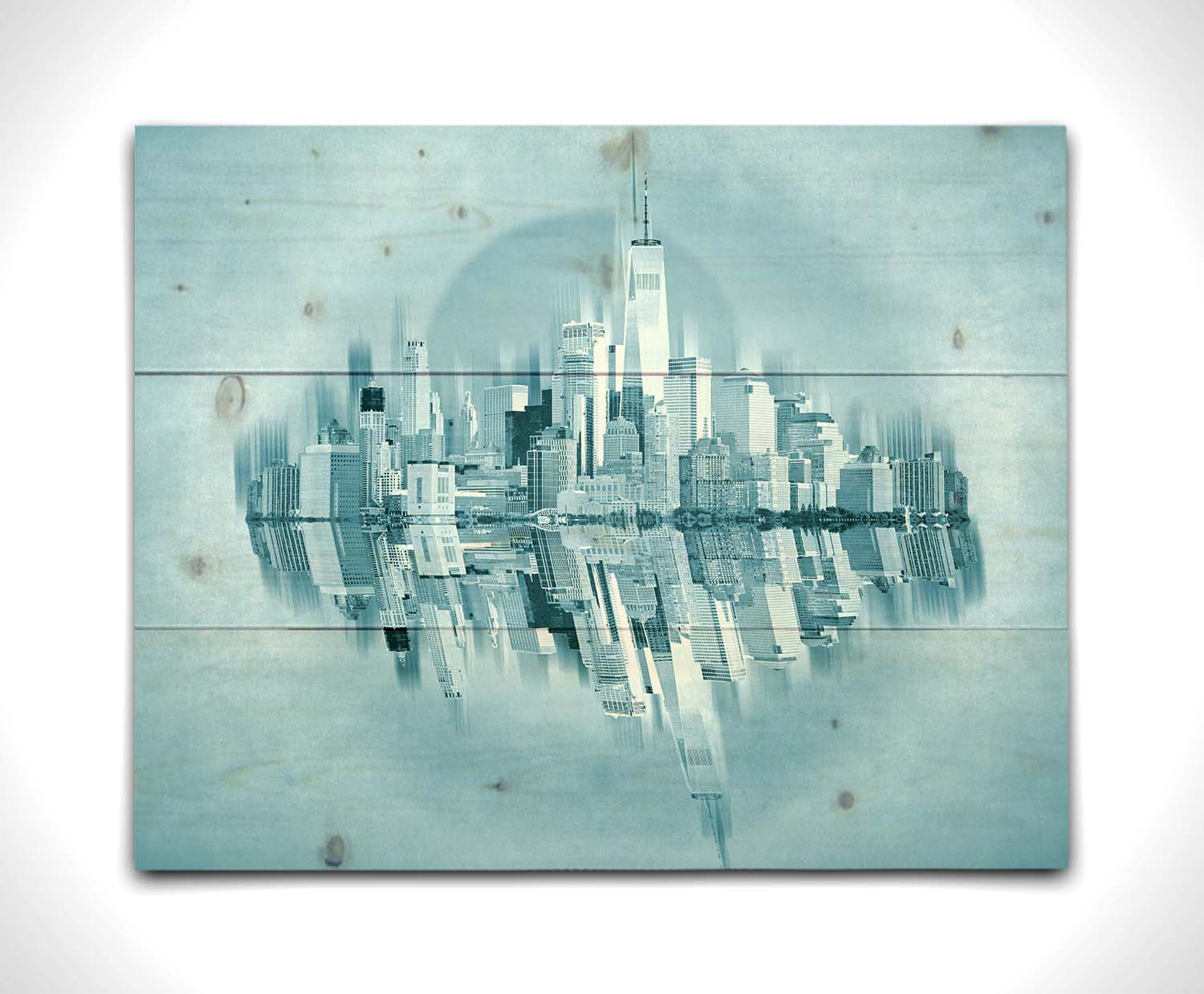 A fine art photo of the New York City skyline and its reflection, in a monochrome blue palette. Printed on a wood pallet.