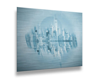 A fine art photo of the New York City skyline and its reflection, in a monochrome blue palette. Printed on metal.