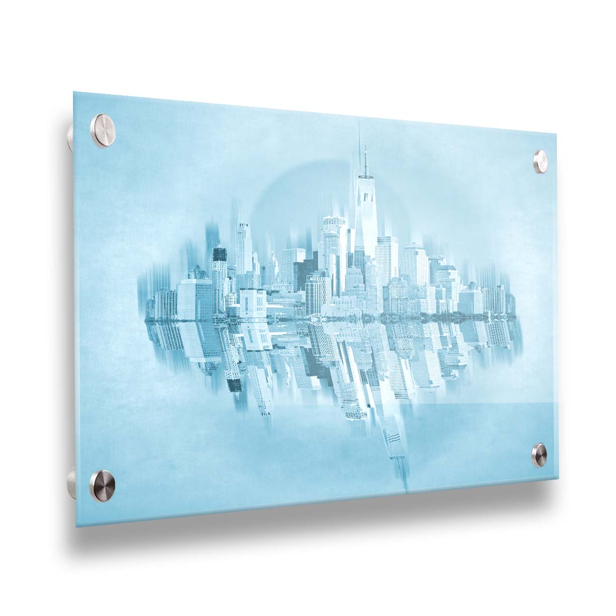 A fine art photo of the New York City skyline and its reflection, in a monochrome blue palette. Printed on acrylic.