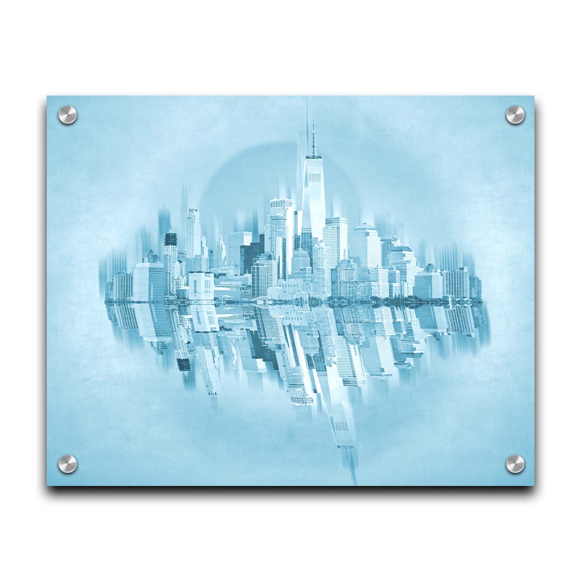 A fine art photo of the New York City skyline and its reflection, in a monochrome blue palette. Printed on acrylic.