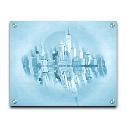 A fine art photo of the New York City skyline and its reflection, in a monochrome blue palette. Printed on acrylic.