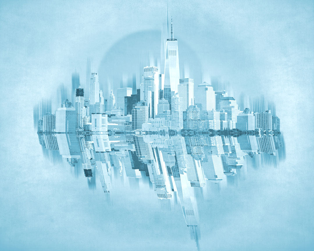 A fine art photo of the New York City skyline and its reflection, in a monochrome blue palette.