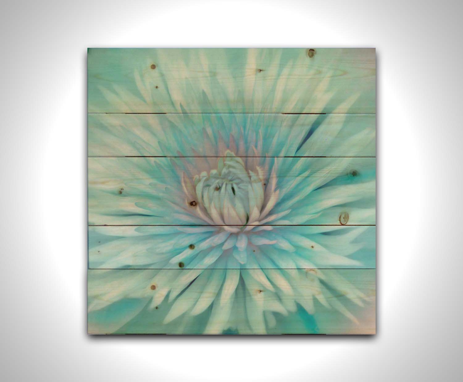 A closeup photo of a clematis flower in blue. Printed on a wood pallet.