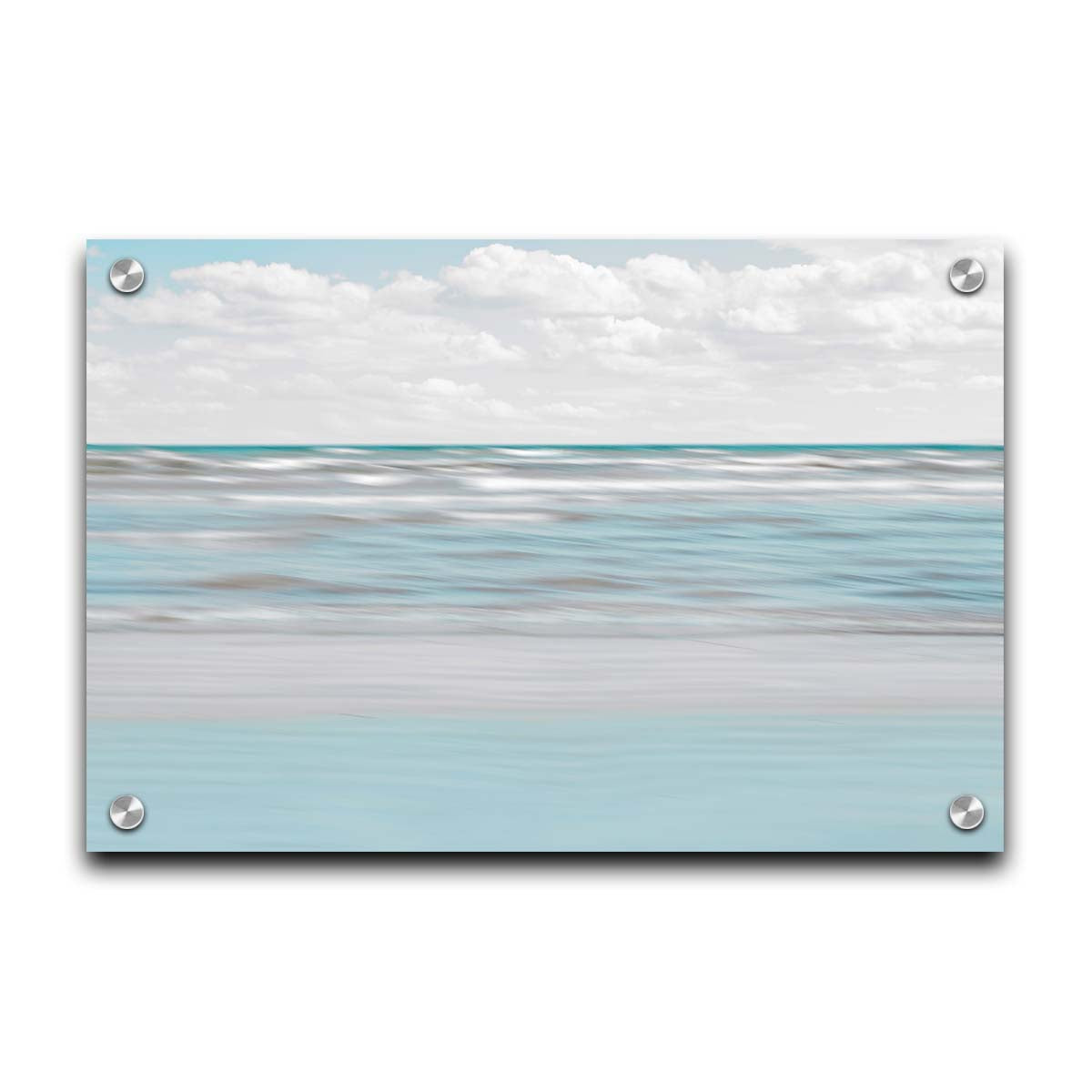 A photo of the ocean, and the line formed at the horizon where its color cuts across the sky of fluffy, white clouds. Printed on acrylic.