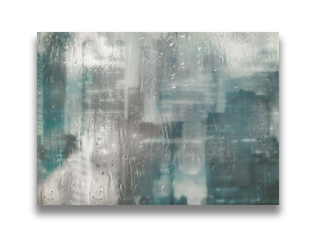 A photo looking across a city from a window, edited to have a blurry, inky quality and overlayed with rainy wet glass. Printed on canvas.