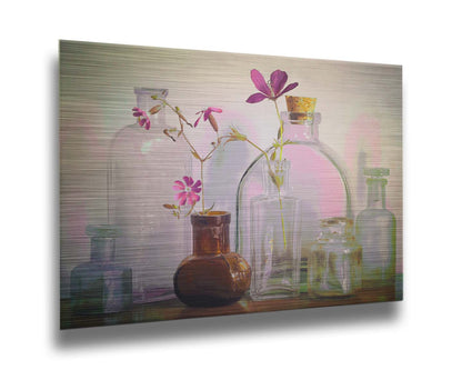 A photo of a selection of glass bottles and vases, sitting on a table. Sprigs of pink flowers rest in a few of the bottles. Printed on metal.