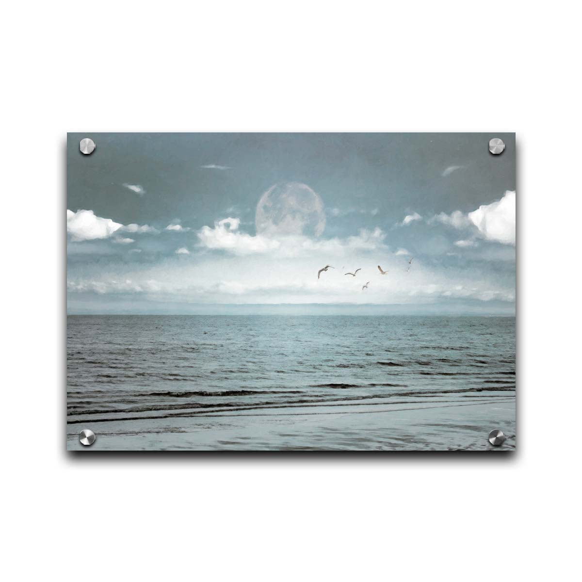 A photo of a pale blue sea with a lage moon on the horizon. Printed on acrylic.