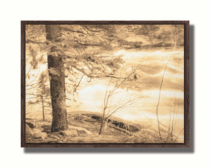 A photo at the bank of a river in sepia, with a tree on the left and a rushing river on the right. Printed on canvas in a float frame.