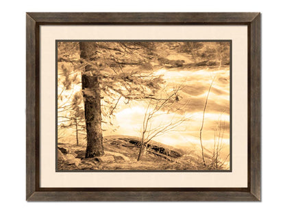 A photo at the bank of a river in sepia, with a tree on the left and a rushing river on the right. Printed on paper, matted, and framed.