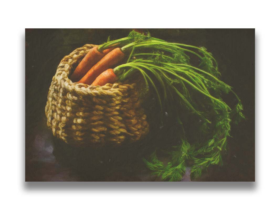 A photo of a backet of carrots on a dark background. Printed on canvas.