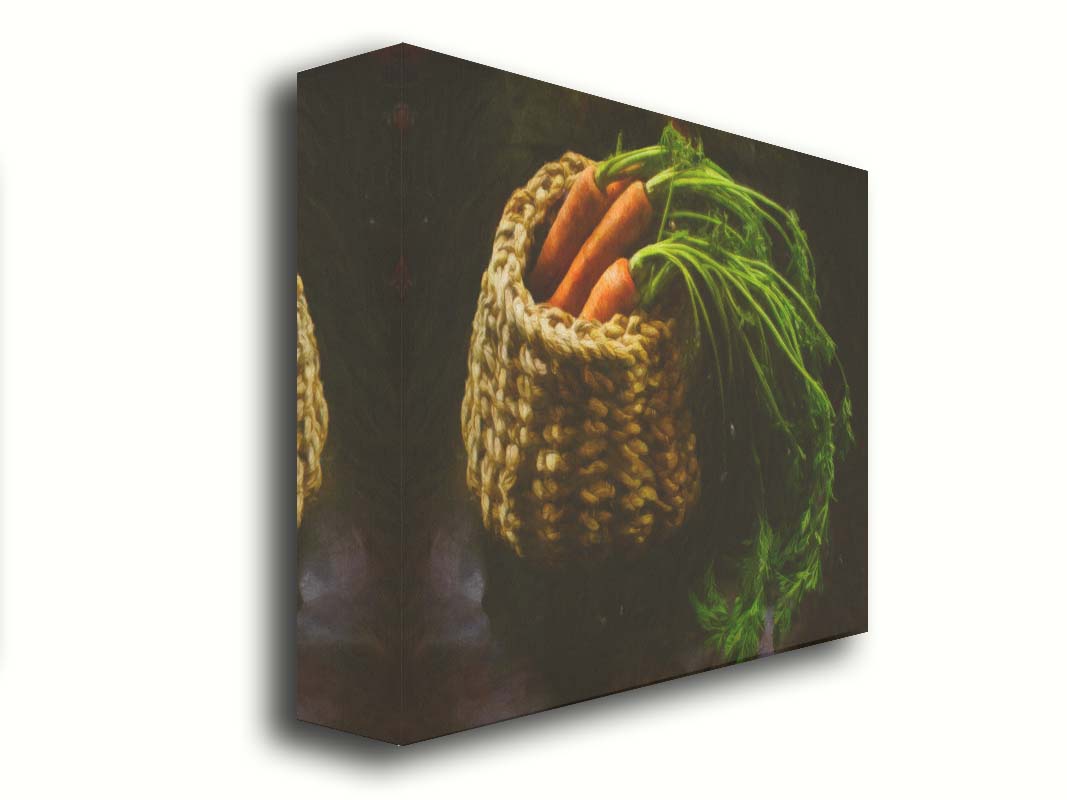 A photo of a backet of carrots on a dark background. Printed on canvas.