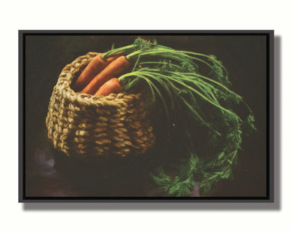 A photo of a backet of carrots on a dark background. Printed on canvas in a float frame.