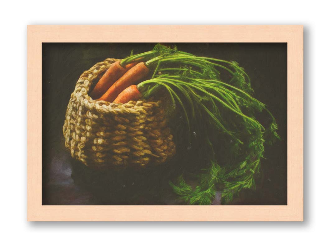 A photo of a backet of carrots on a dark background. Printed on canvas and framed.