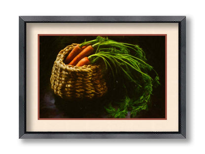 A photo of a backet of carrots on a dark background. Printed on paper, matted, and framed.