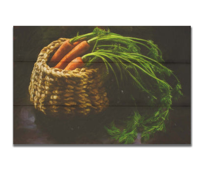 A photo of a backet of carrots on a dark background. Printed on a box board.